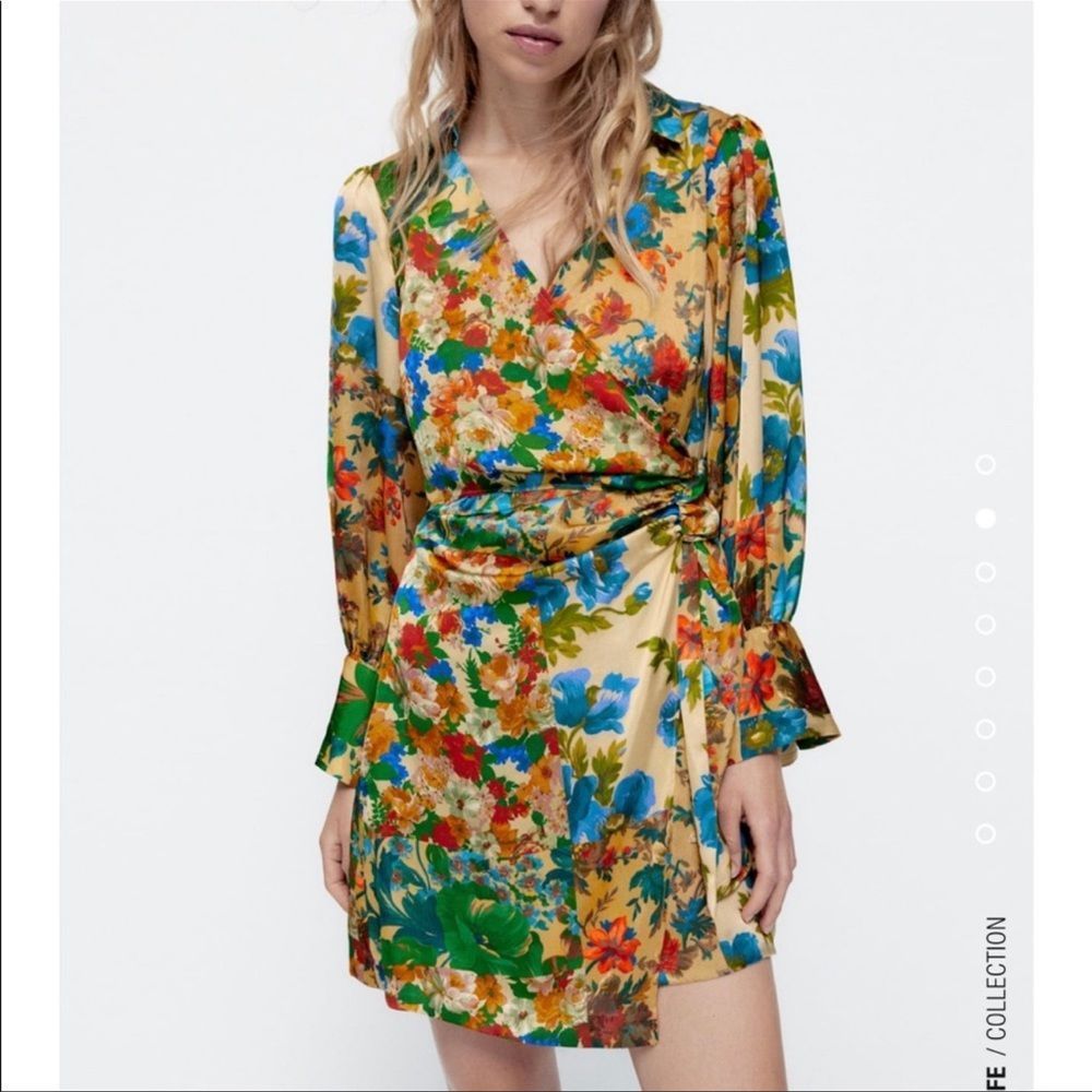Zara Satin Floral Faux Wrap Dress Green Blue Orange M